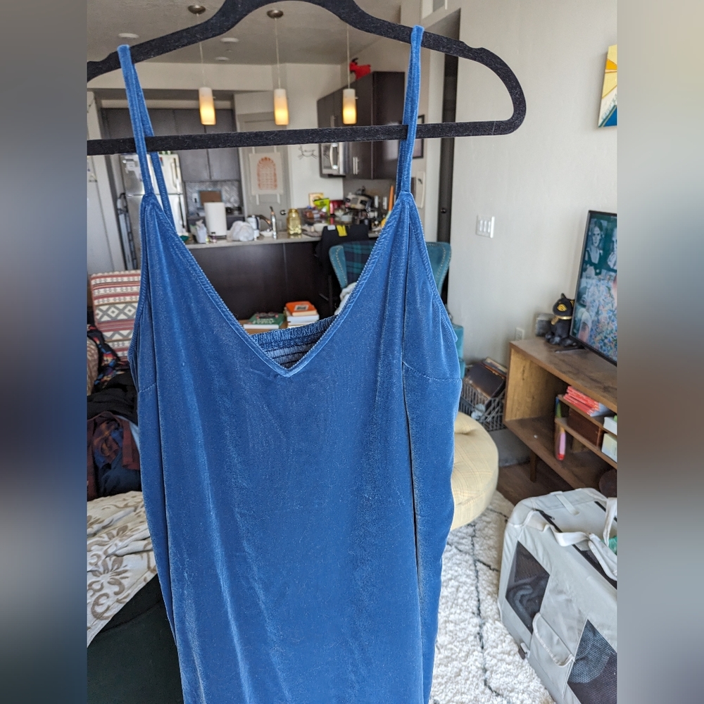 Floor length blue velvet dress with side slits, 2X